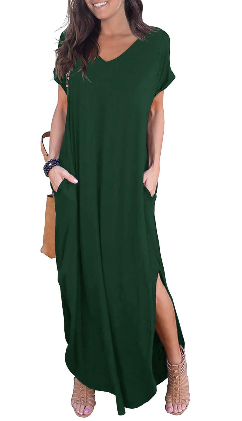 GRECERELLE Women's Maxi Dress Summer Casual Loose Side Split Short Sleeve V Neck Long Dresses with Pockets, Dark Green, Large - Image 1